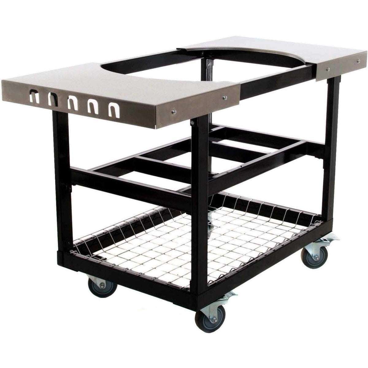 Primo Oval LG 300 and XL 400 Cart with Stainless Steel Side Shelves Angled View