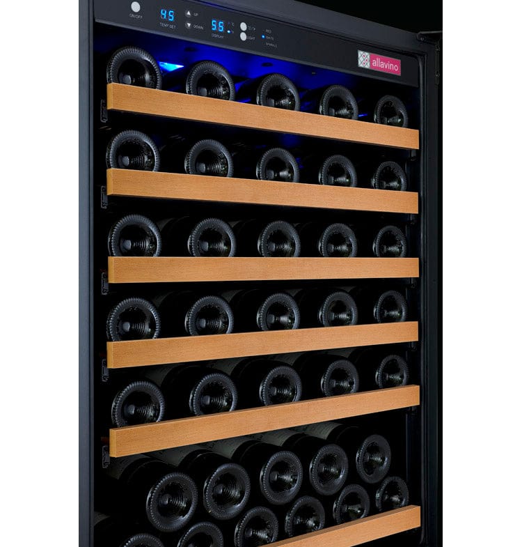 Allavino 112 Bottle Dual Zone 47 Inch Wide Wine Cooler Full of Wine Bottles Angle View