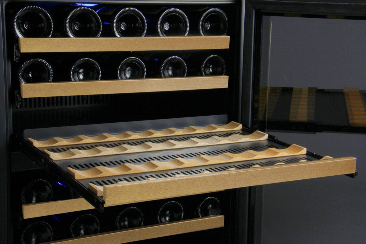 Allavino 112 Bottle Dual Zone 47 Inch Wide Wine Cooler Rack Out Close up