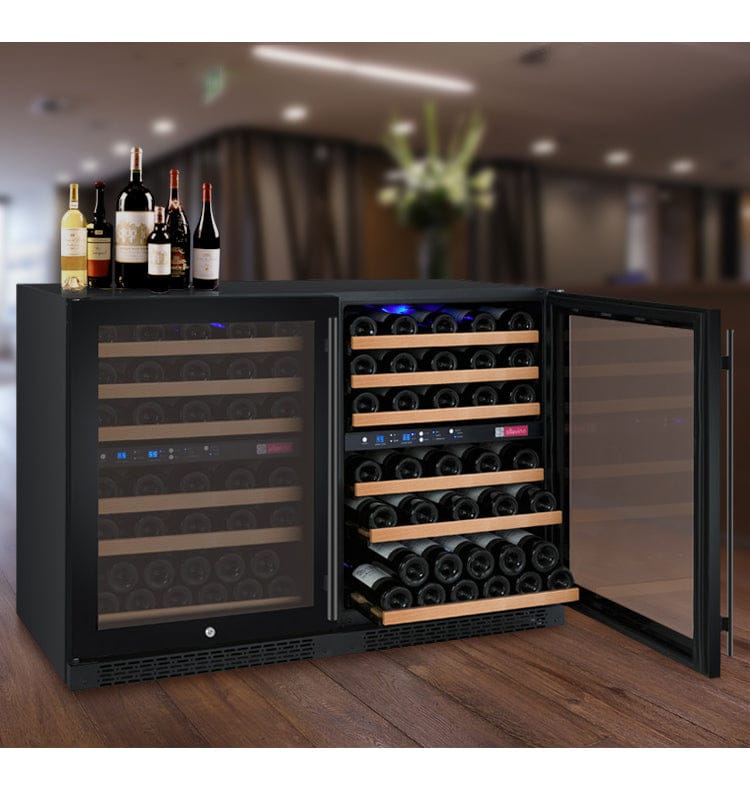 Allavino 112 Bottle Dual Zone 47 Inch Wide Wine Cooler Display Black Full of  Wine Bottles Rack Out Right Door Wide Open