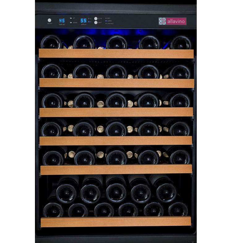 Allavino 112 Bottle Dual Zone 47 Inch Wide Wine Cooler Shelves full of Wine Bottles
