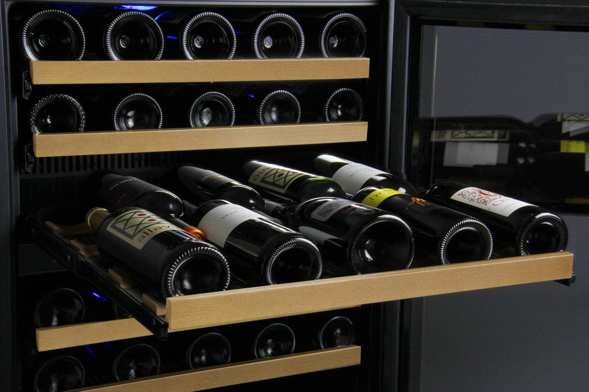 Allavino 112 Bottle Four Zone 47 Inch Wide Wine Cooler Rack Out Full of Wine Bottles Close up