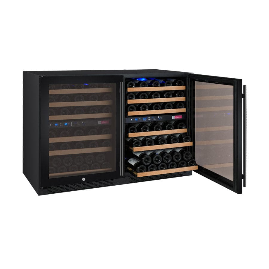 Allavino 112 Bottle Four Zone 47 Inch Wide Wine Cooler Full of Wine Rack out Right Door Open Wide
