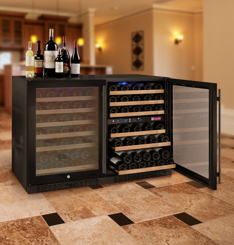 Allavino 112 Bottle Triple Zone 47 Inch Wide Wine Cooler Display of Wine Bottles Rack Out Door Wide Open