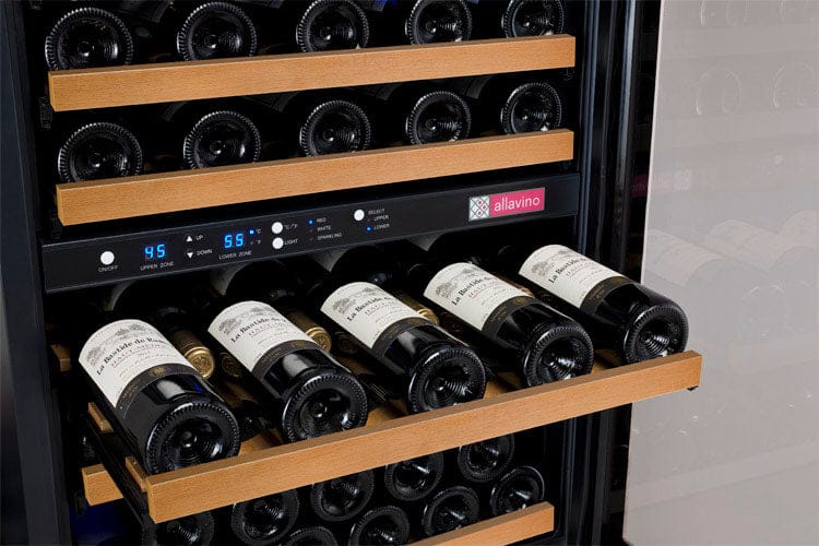 Allavino 112 Bottle Triple Zone 47 Inch Wide Wine Cooler Bottle of Wine Rack Out Close up
