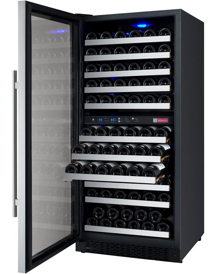 Allavino 121 Bottle Dual Zone 24 Inch Wide Wine Cooler in stainless steel. Facing left with door open and three shelves out full of wine bottles.