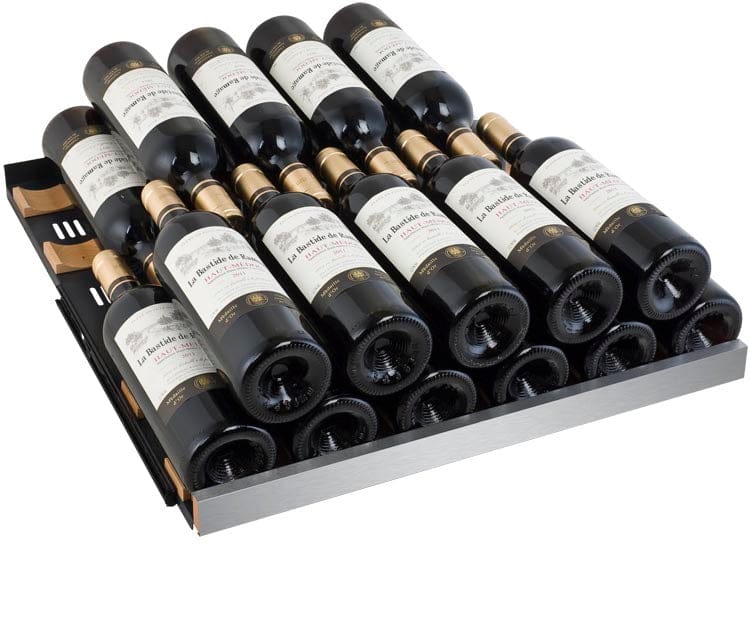 Allavino 121 Bottle Dual Zone 24 Inch Wide Wine Cooler shelf with full with wine bottles.