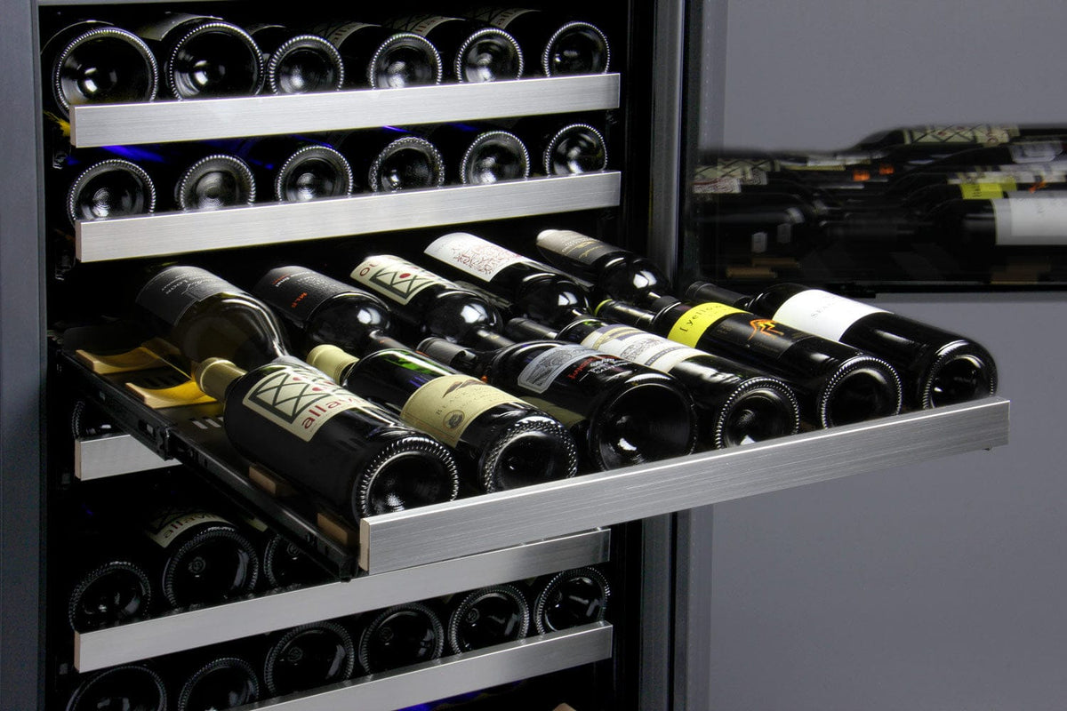 Allavino 121 Bottle Dual Zone 24 Inch Wide Wine Cooler. Closeup view of shelves full of wine bottles.