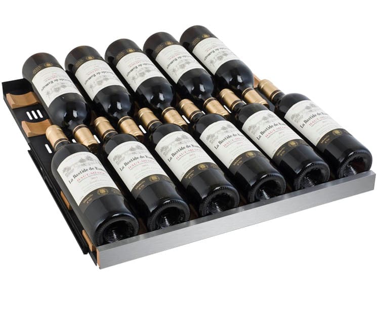 Allavino 128 Bottle Single Zone 24 Inch Wide Wine Cooler shelf full with wine bottles.
