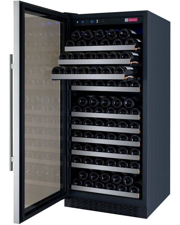 Allavino 128 Bottle Single Zone 24 Inch Wide Wine Cooler facing left with door fully opened and full of wine bottles.