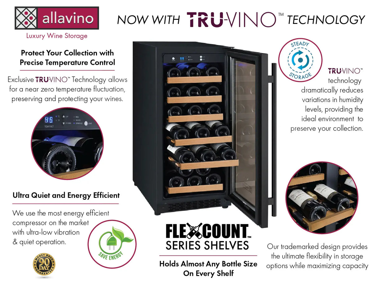 Allavino 15&quot; Wide FlexCount II Tru-Vino 30 Bottle Single Zone Wine Cooler Tru-Vino Technology and Flexcount Shelving diagram.