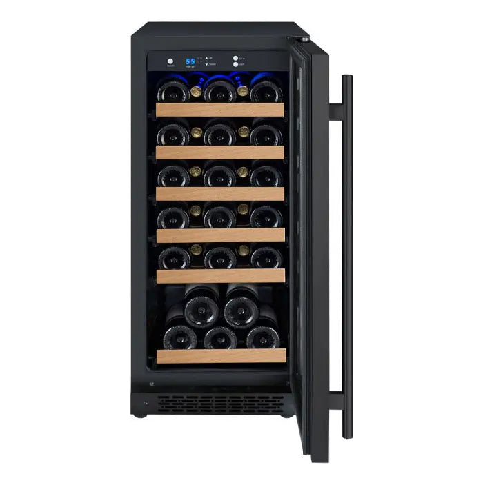 Allavino 15&quot; Wide FlexCount II Tru-Vino 30 Bottle Single Zone Wine Cooler. Front view of full wine cooler with door open.
