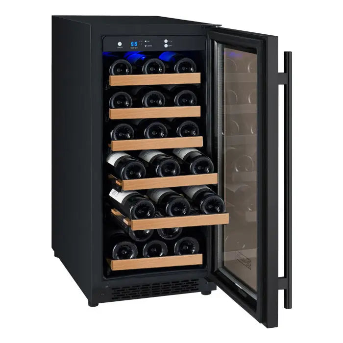 Allavino 15&quot; Wide FlexCount II Tru-Vino 30 Bottle Single Zone Wine Cooler in black metal with door fully opened and full of wine bottles.