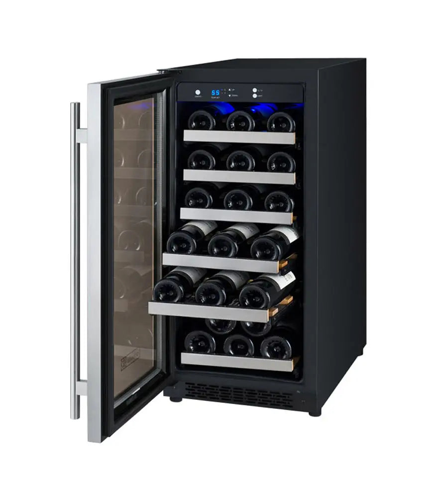 Allavino 15&quot; Wide FlexCount II Tru-Vino 30 Bottle Single Zone Wine Cooler in stainless steel with door fully opened and full of wine bottles.