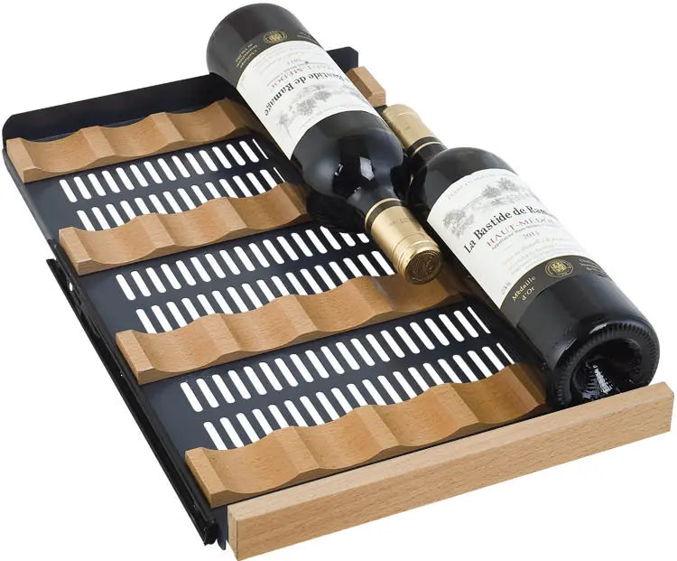 Allavino 15&quot; Wide FlexCount II Tru-Vino 30 Bottle Single Zone Wine Cooler roller-glide shelf with 2 wine bottles.