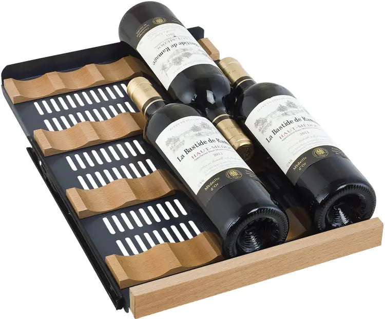 Allavino 15&quot; Wide FlexCount II Tru-Vino 30 Bottle Single Zone Wine Cooler roller-glide shelf with 3 wine bottles.