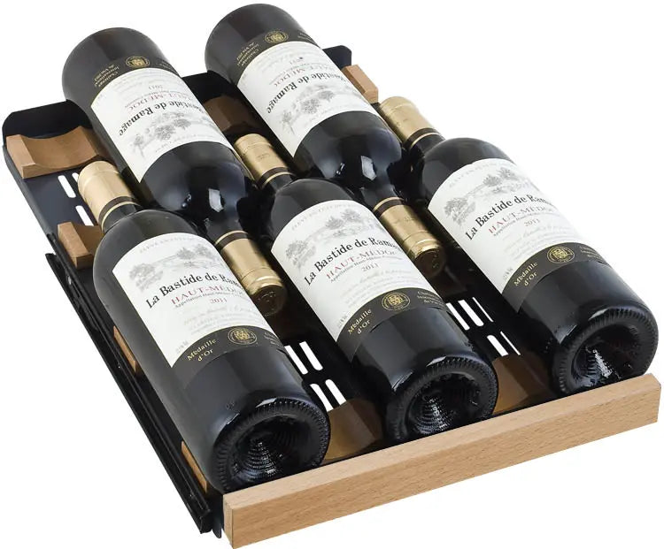 Allavino 15&quot; Wide FlexCount II Tru-Vino 30 Bottle Single Zone Wine Cooler roller-glide shelf with full wine bottles.