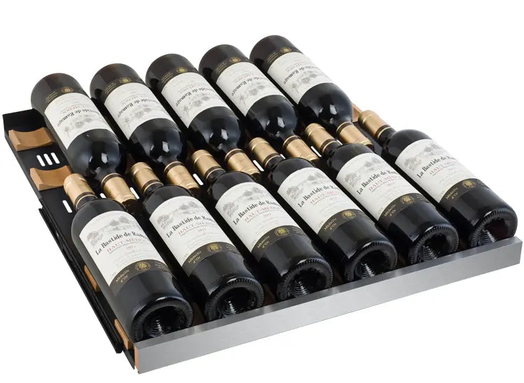 Allavino 172 Bottle Dual Zone 24 Inch Wide Wine Cooler shelf full with wine bottles.