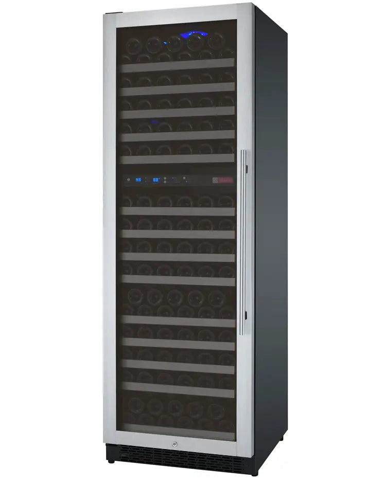 Allavino 172 Bottle Dual Zone 24 Inch Wide Wine Cooler in stainless steel facing left.