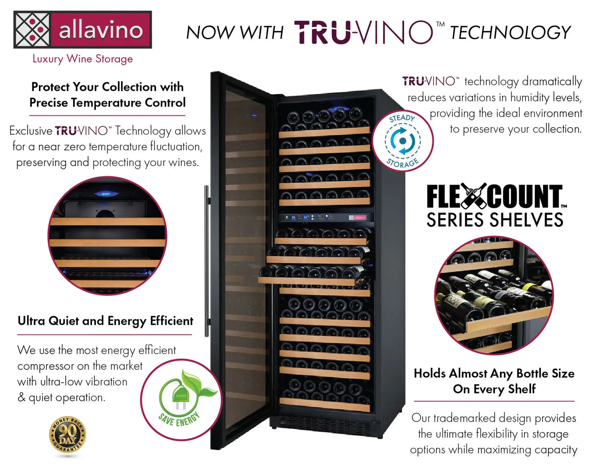 Allavino 172 Bottle Dual Zone 24 Inch Wide Wine Cooler Tru-Vino Technology and Flexcount Shelving diagram.