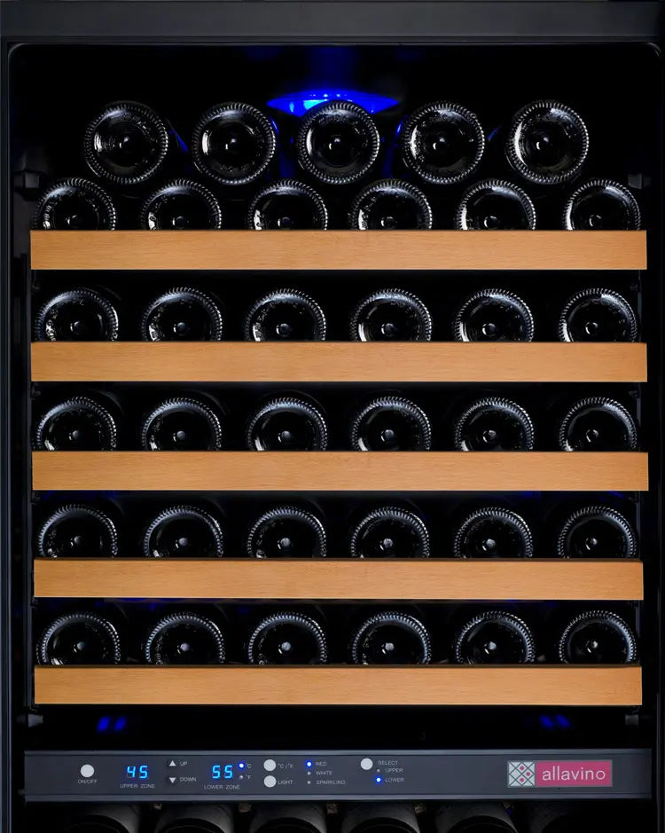 Allavino 172 Bottle Dual Zone 24 Inch Wide Wine Cooler closeup front view of full cooler.