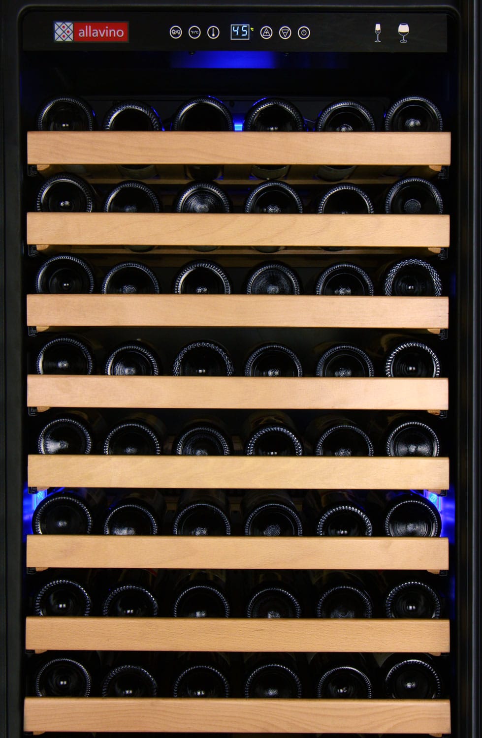 Allavino 174 Bottle Single Zone 24 Inch Wide Wine Cooler. Closeup view of full wine cooler with door open.