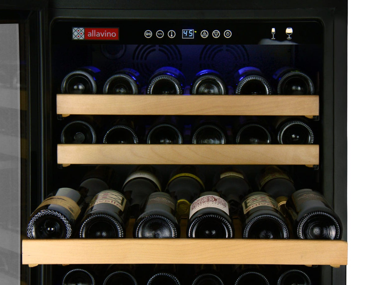 Allavino 174 Bottle Single Zone 24 Inch Wide Wine Cooler. Closeup front view of full wine cooler with door open and one shelf out.