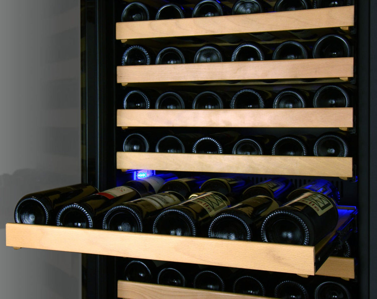 Allavino 174 Bottle Single Zone 24 Inch Wide Wine Cooler. Closeup view of full wine cooler with door open and one shelf out.