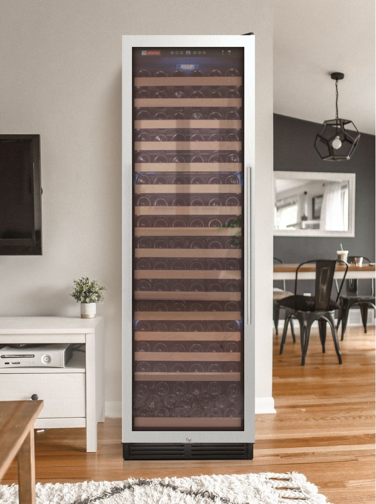 Allavino 174 Bottle Single Zone 24 Inch Wide Wine Cooler placed in a living room.