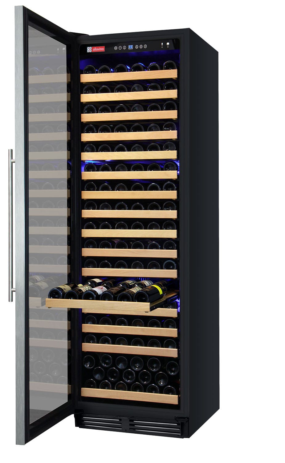 Allavino 174 Bottle Single Zone 24 Inch Wide Wine Cooler in stainless steel. Facing left with door open and one shelf out with full of wine bottles.