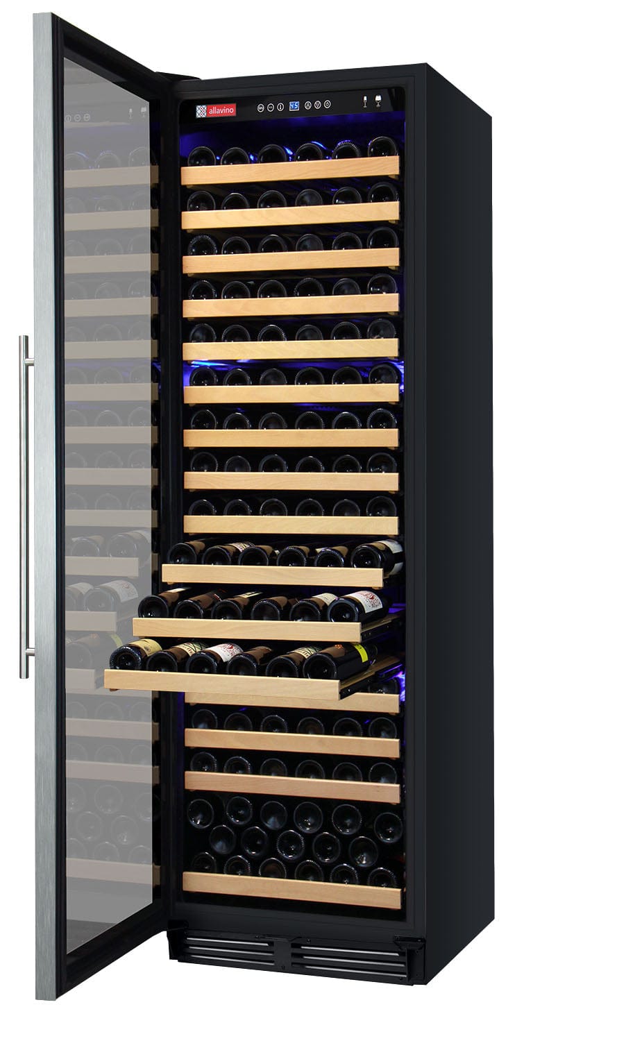 Allavino 174 Bottle Single Zone 24 Inch Wide Wine Cooler in stainless steel. Facing left with door open and three shelves out full of wine bottles.
