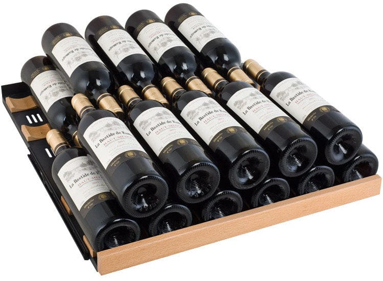 Allavino 177 Bottle Single Zone 24 Inch Wide Wine Cooler shelf full with wine bottles.