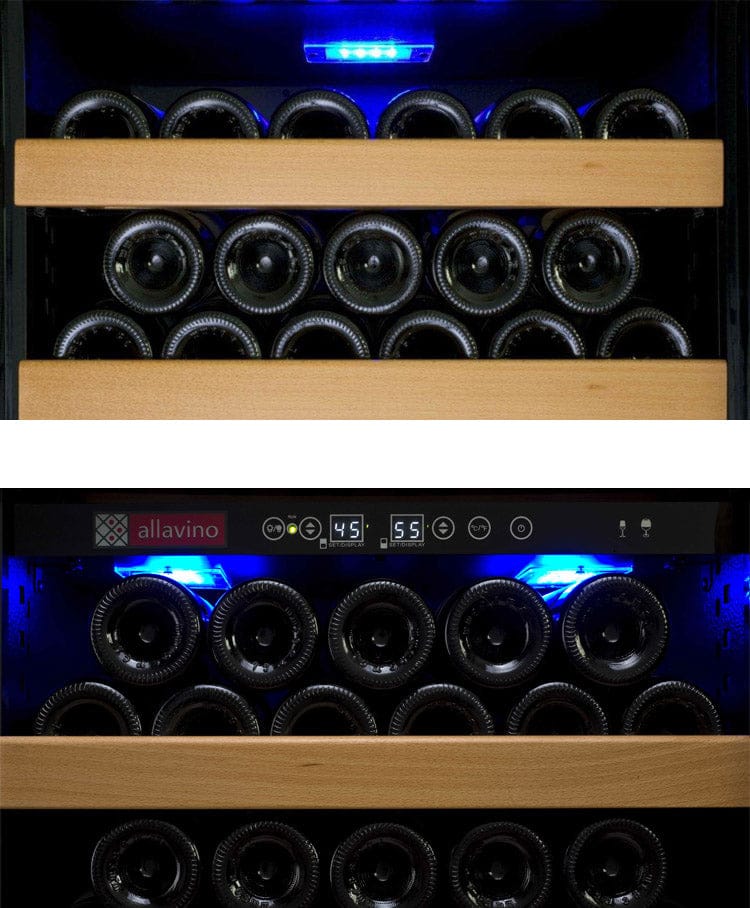 Allavino 277 Bottle Single Zone 32 Inch Wide Wine Cooler Close up View Bottle on Shelve with LED Lighting
