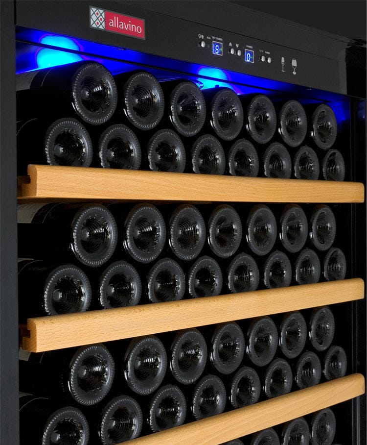 Allavino 277 Bottle Single Zone 32 Inch Wide Wine Cooler Shelves Full of Wine Bottles Angle View