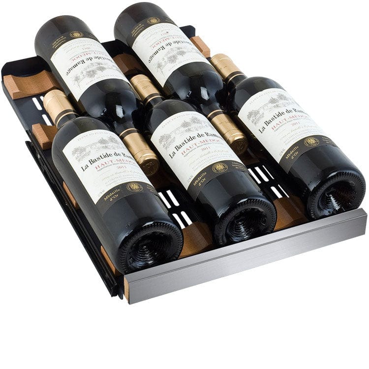 Allavino 30 Bottle/88 Can Dual Zone 30 Inch Wide Wine Cooler and Beverage Cooler Wine Bottles on the Shelf Closeup