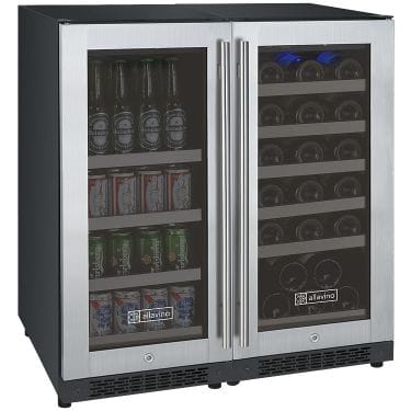 Allavino 30 Bottle/88 Can Dual Zone 30 Inch Wide Wine Cooler and Beverage Cooler Stainless Closed Door Left Side View