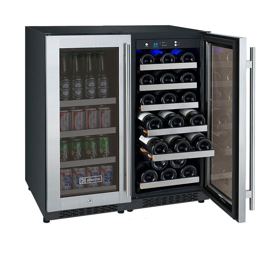 Allavino 30 Bottle/88 Can Dual Zone 30 Inch Wide Wine Cooler and Beverage Cooler Filled with Wine Bottles Rack Out Right Door Open
