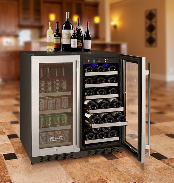 Allavino 30 Bottle/88 Can Dual Zone 30 Inch Wide Wine Cooler and Beverage Cooler Right Door Open Filled with Wine Bottles
