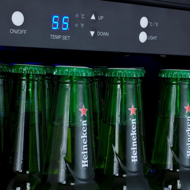 Allavino 30 Bottle/88 Can Triple Zone 30 Inch Wide Wine Cooler and Beverage Cooler Beer Bottles Close up