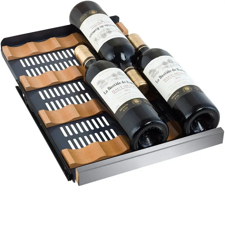 Allavino 30 Bottle/88 Can Dual Zone 30 Inch Wide Wine and Beverage Cooler Display of  Wine Shelf with Wine Bottles Close Up