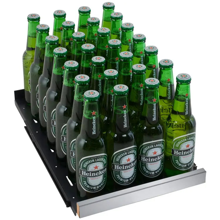 Allavino 30 Bottle/88 Can Dual Zone 30 Inch Wide Wine and Beverage Cooler Close Up View of Beer Bottles on the Shelf