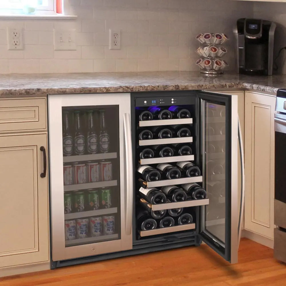 Allavino 30 Bottle/88 Can Dual Zone 30 Inch Wide Wine and Beverage Cooler Stainless Built into Kitchen 