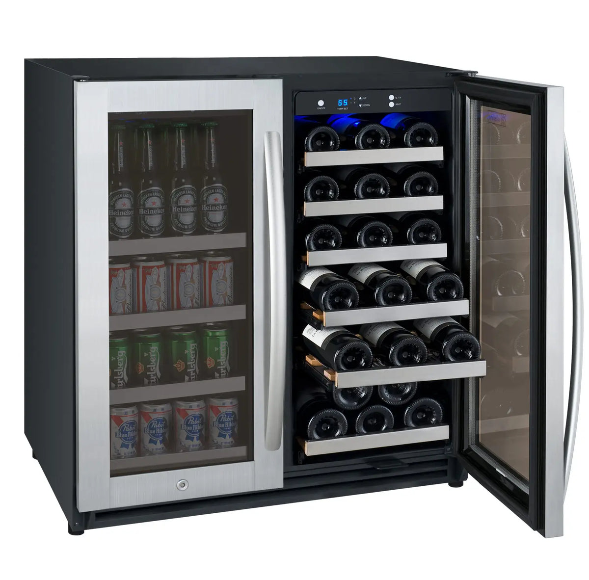 Allavino 30 Bottle/88 Can Dual Zone 30 Inch Wide Wine and Beverage Cooler Shelves Out Filled with Wine Right Door Open