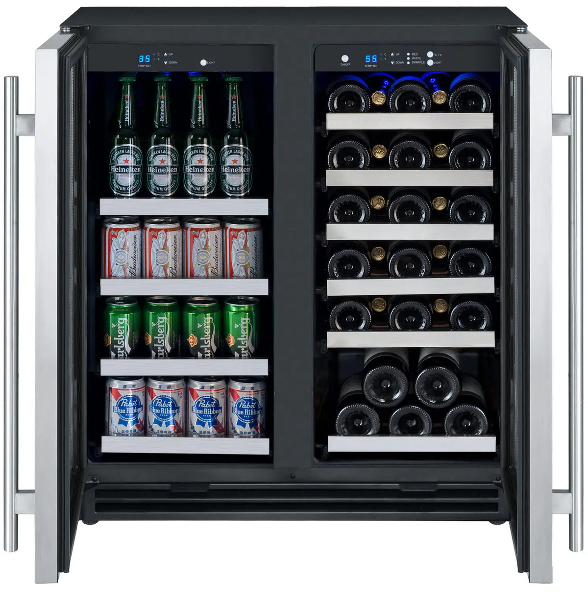 Allavino 30 Bottle/88 Can Dual Zone 30 Inch Wide Wine and Beverage Cooler Open Wide Door Filled with Wine Bottles and Cans