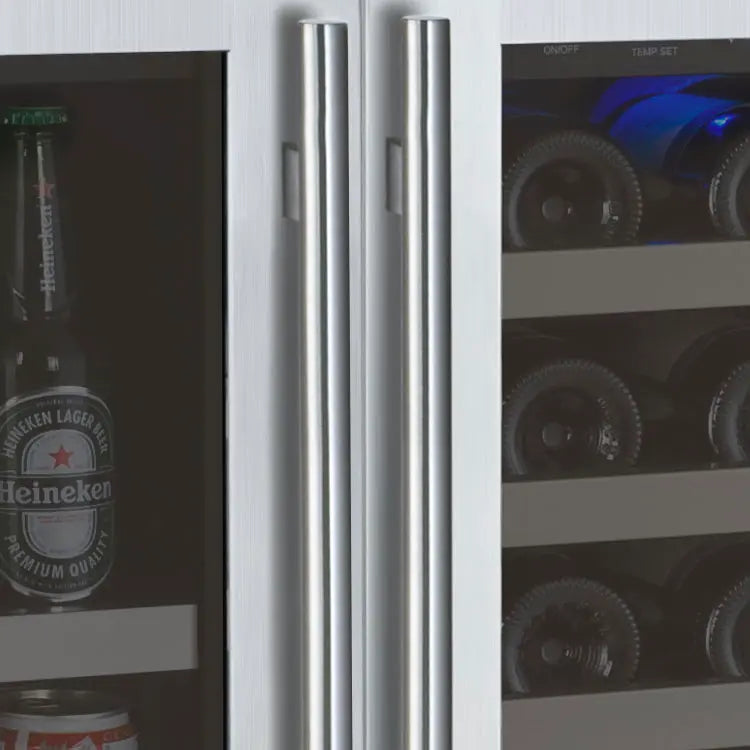 Allavino 30 Bottle/88 Can Dual Zone 30 Inch Wide Wine and Beverage Cooler Stainless Steel Left and Right Handle Close Up