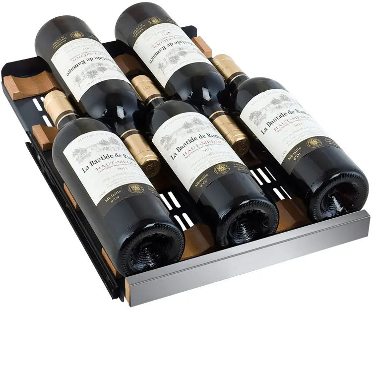 Allavino 30 Bottle/88 Can Dual Zone 30 Inch Wide Wine and Beverage Cooler Display of Bottle in the Shelf Close Up