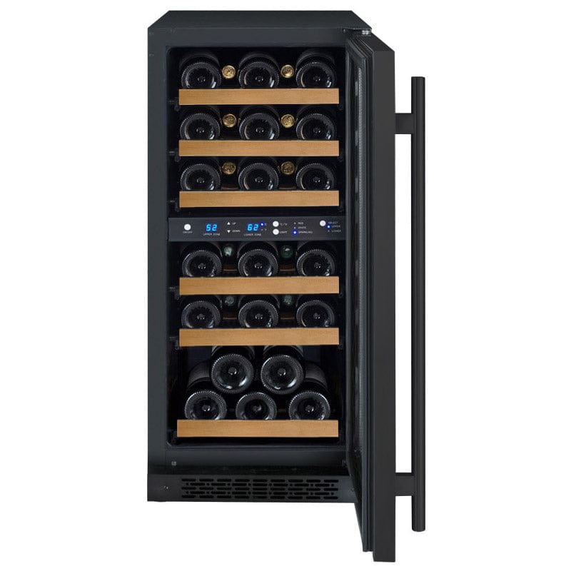 Allavino 30 Bottle Dual Zone 15 Inch Wide Wine Cooler in black metal. Front view of full wine cooler with door open.