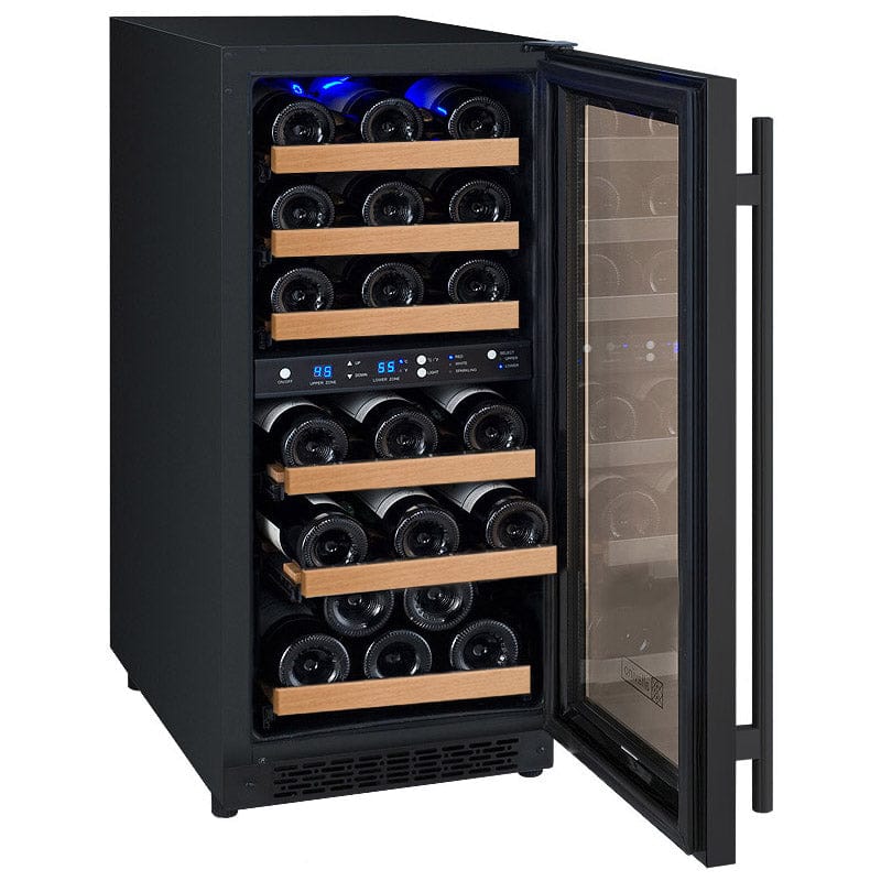 Allavino 30 Bottle Dual Zone 15 Inch Wide Wine Cooler in black metal with door fully opened and full of wine bottles.