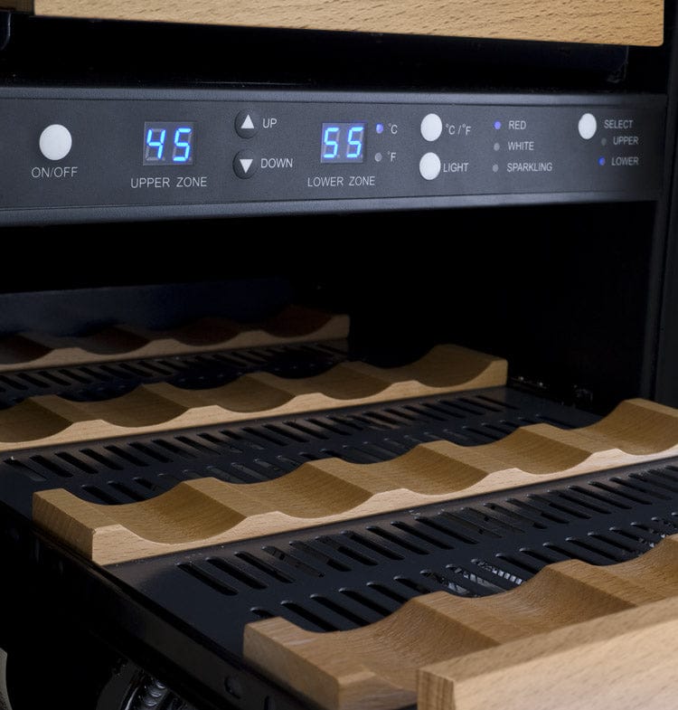 Allavino 30 Bottle Dual Zone 15 Inch Wide Wine Cooler closeup view of glide-wood shelf and digital control panel.