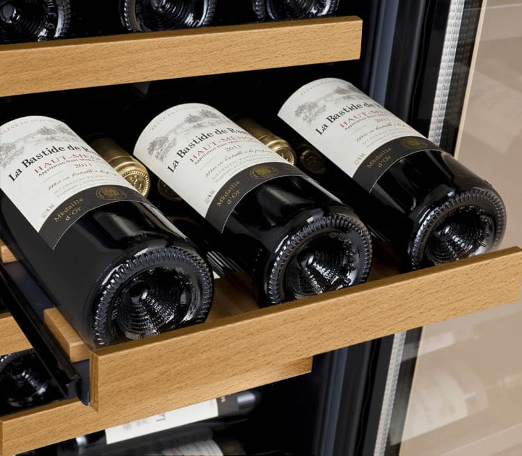 Allavino 30 Bottle Dual Zone 15 Inch Wide Wine Cooler with FlexCount shelf full of wine bottles.